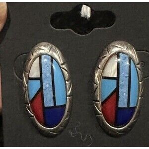 Vintage Native American Sterling Silver Turquoise Lapis Coral Inlaid Earrings